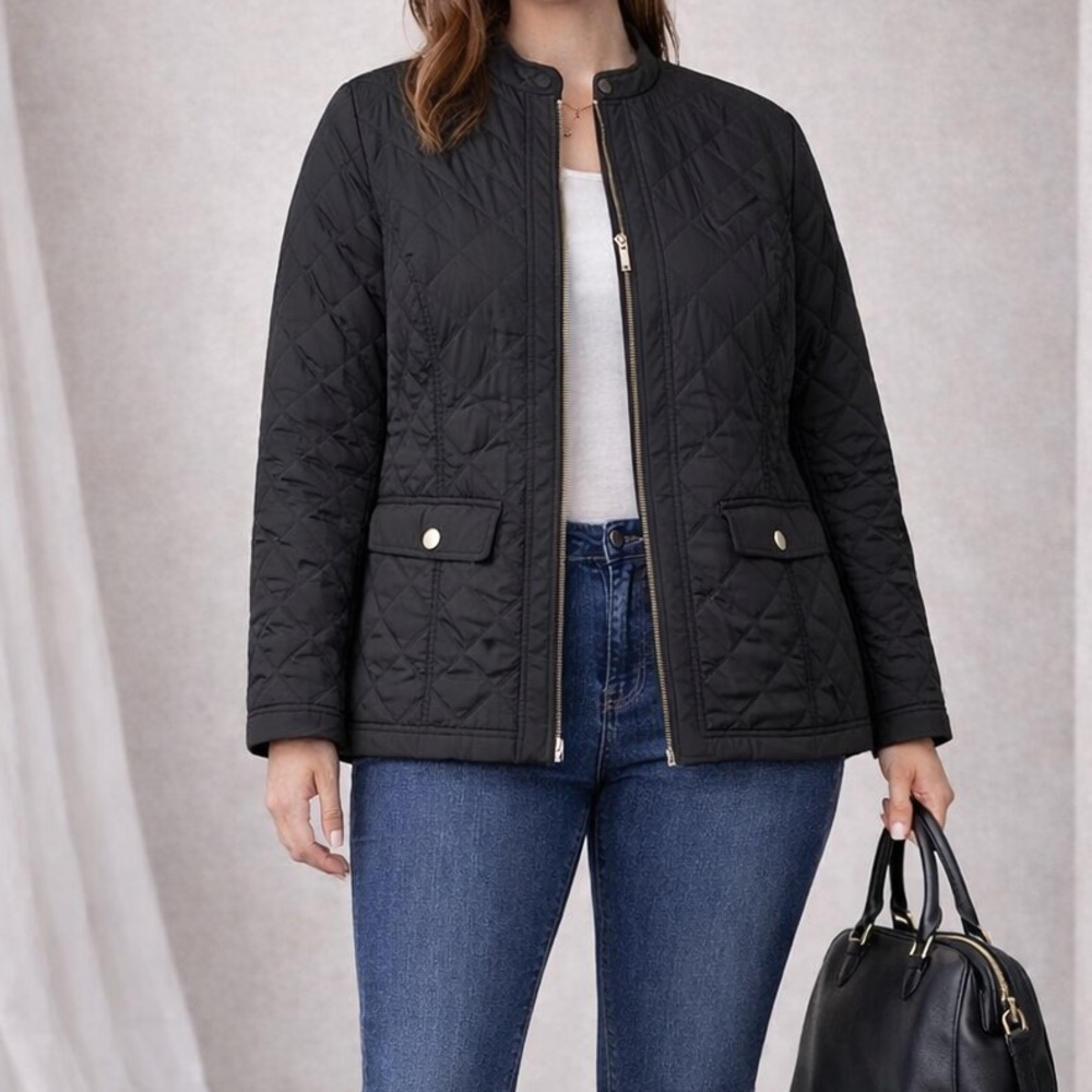 NEW|Charter Club Black Quilted mandarin collar zip jacket snap pockets Sz OX/14